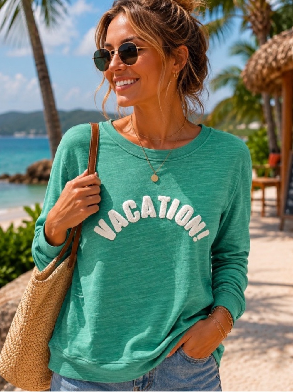 J. Crew Womens Size XL Green "Vacation!" Graphic Crewneck Sweatshirt Terry Cloth
